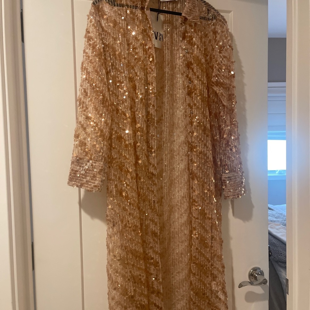 Zara Gold Sequin Long Coat - Picture 5 of 7